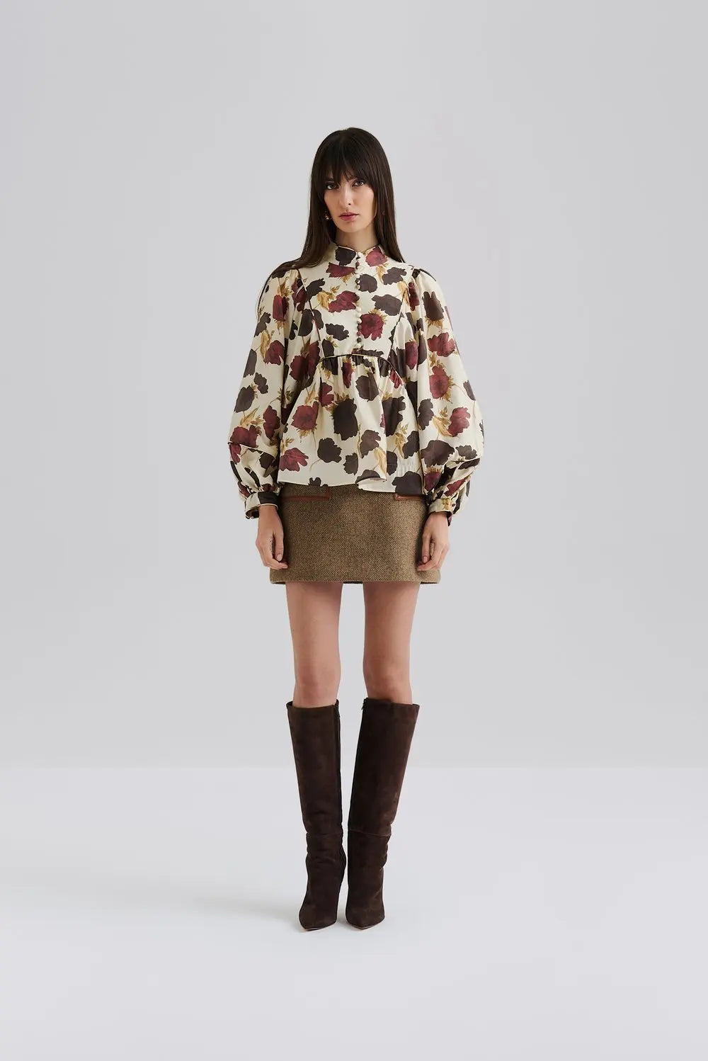 Pernilla High Neck Balloon Sleeve Blouse - Wine Peony