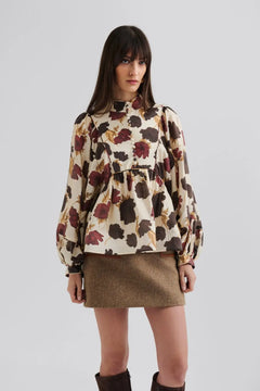 Pernilla High Neck Balloon Sleeve Blouse - Wine Peony