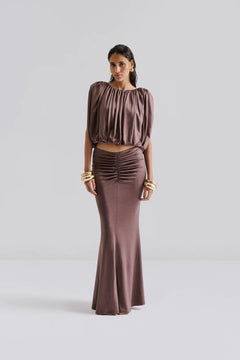 Majori Ruched Jersey Maxi Skirt - Chocolate