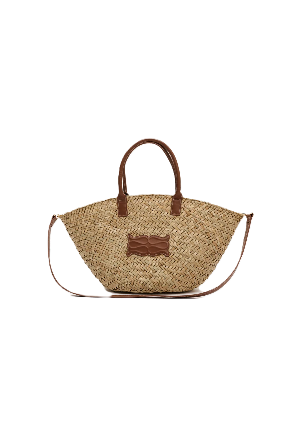 Large Leather Trimmed Monogram Straw Tote - Cognac