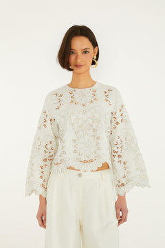 Flowers Richilieur Long Sleeve Blouse - Off-White