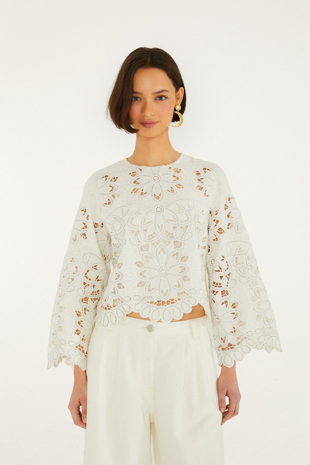 Flowers Richilieur Long Sleeve Blouse - Off-White