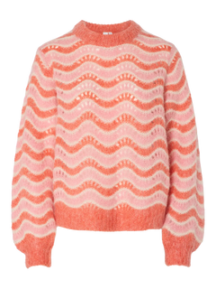 Yasemani Ls Knit Pullover S. - Hot Coral Tickled Pink + Birch