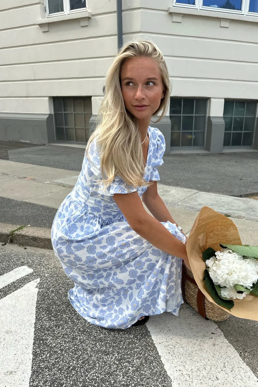 Adelic Long Ss Dress - Blue Dazzling Flower