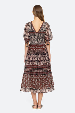 Danae Print Puff Slv Smocked Dress - Red
