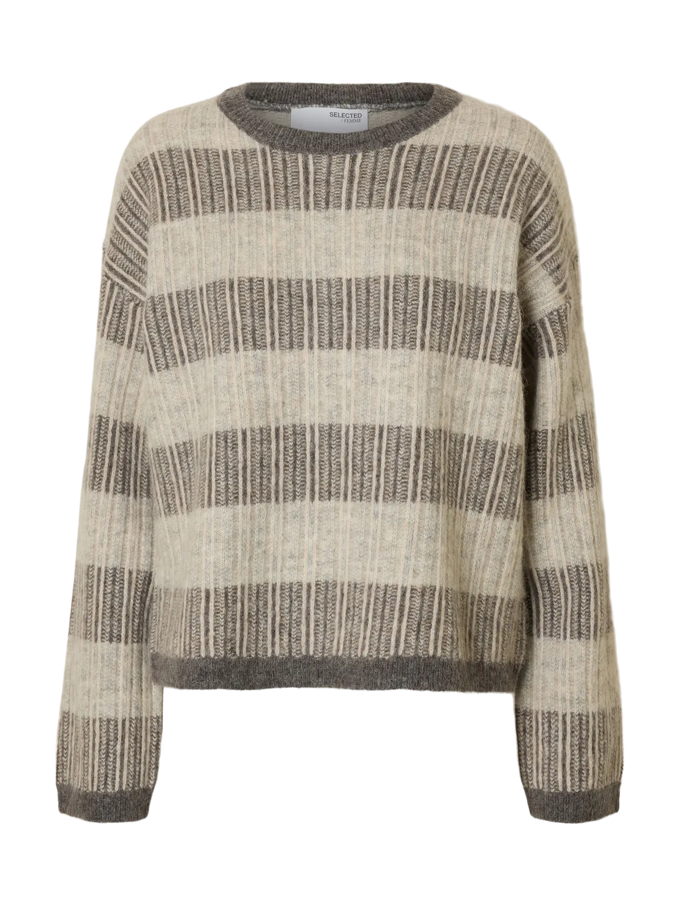 Alva Ls Knit Stripe O-Neck - Medium Grey Melange Lgm + Birch