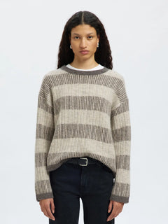 Alva Ls Knit Stripe O-Neck - Medium Grey Melange Lgm + Birch