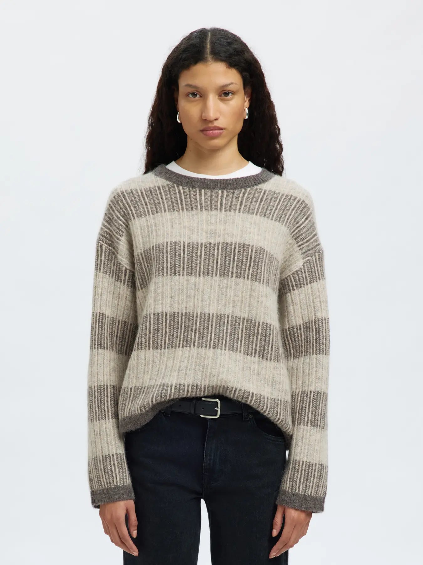 Alva Ls Knit Stripe O-Neck - Medium Grey Melange Lgm + Birch