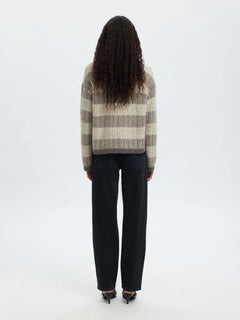 Alva Ls Knit Stripe O-Neck - Medium Grey Melange Lgm + Birch