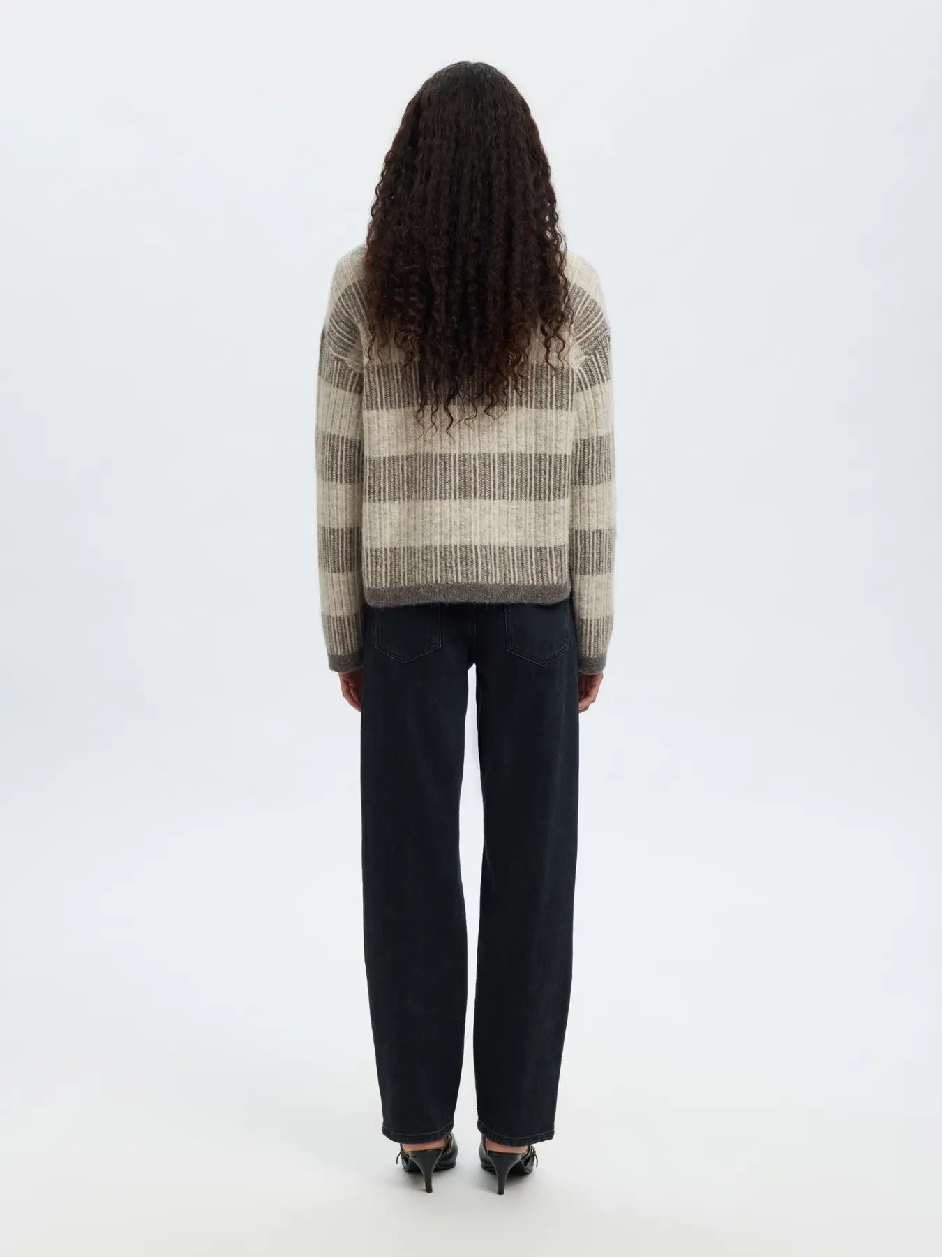 Alva Ls Knit Stripe O-Neck - Medium Grey Melange Lgm + Birch