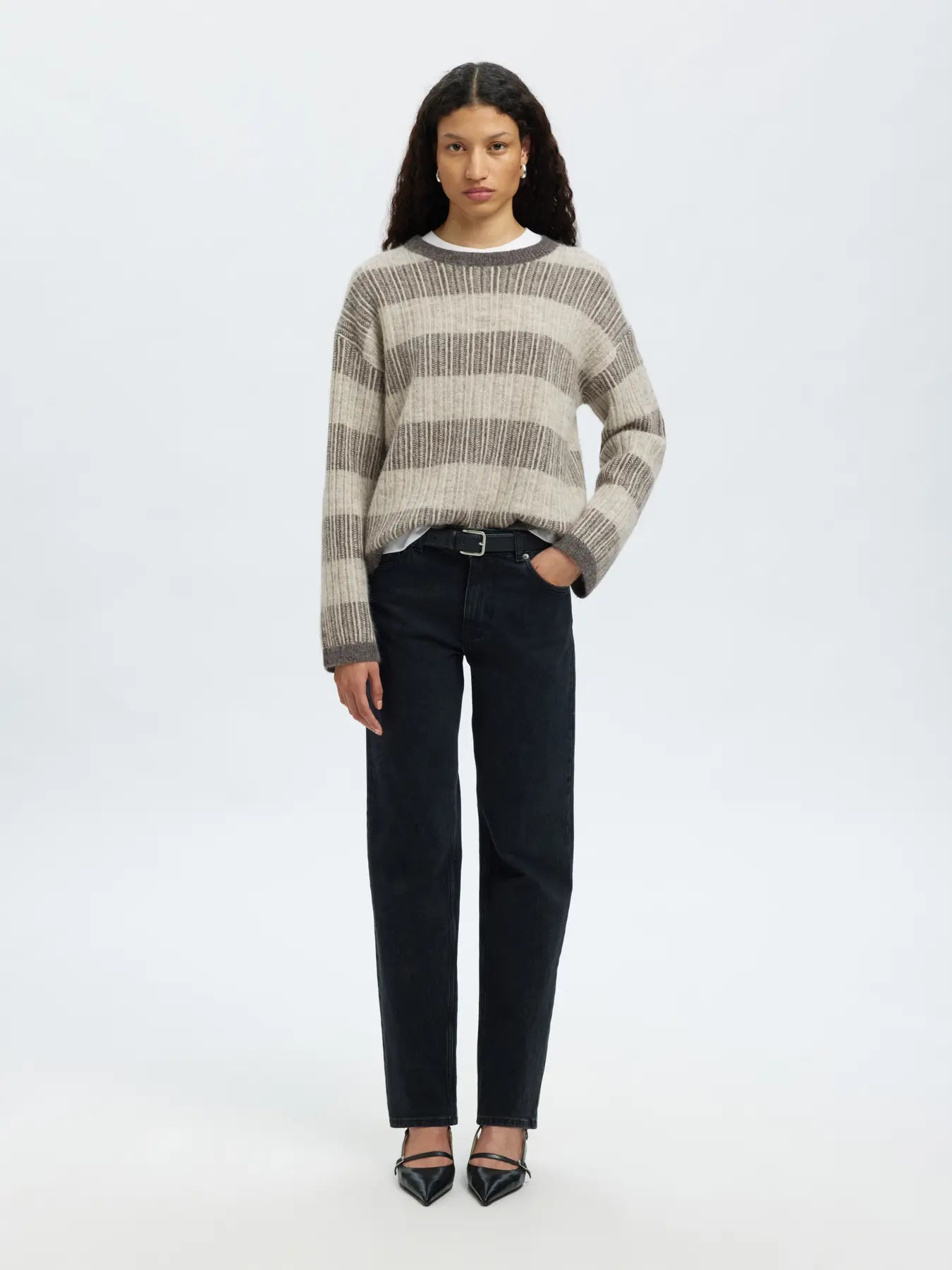 Alva Ls Knit Stripe O-Neck - Medium Grey Melange Lgm + Birch