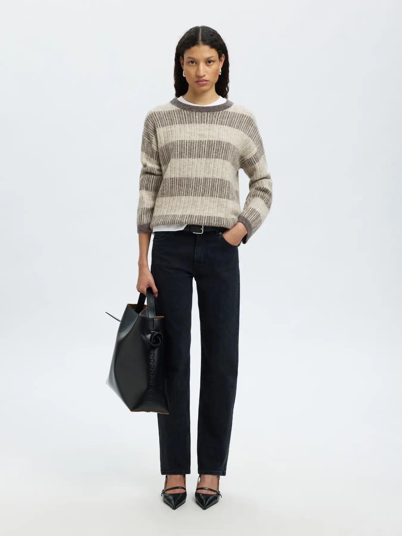 Alva Ls Knit Stripe O-Neck - Medium Grey Melange Lgm + Birch