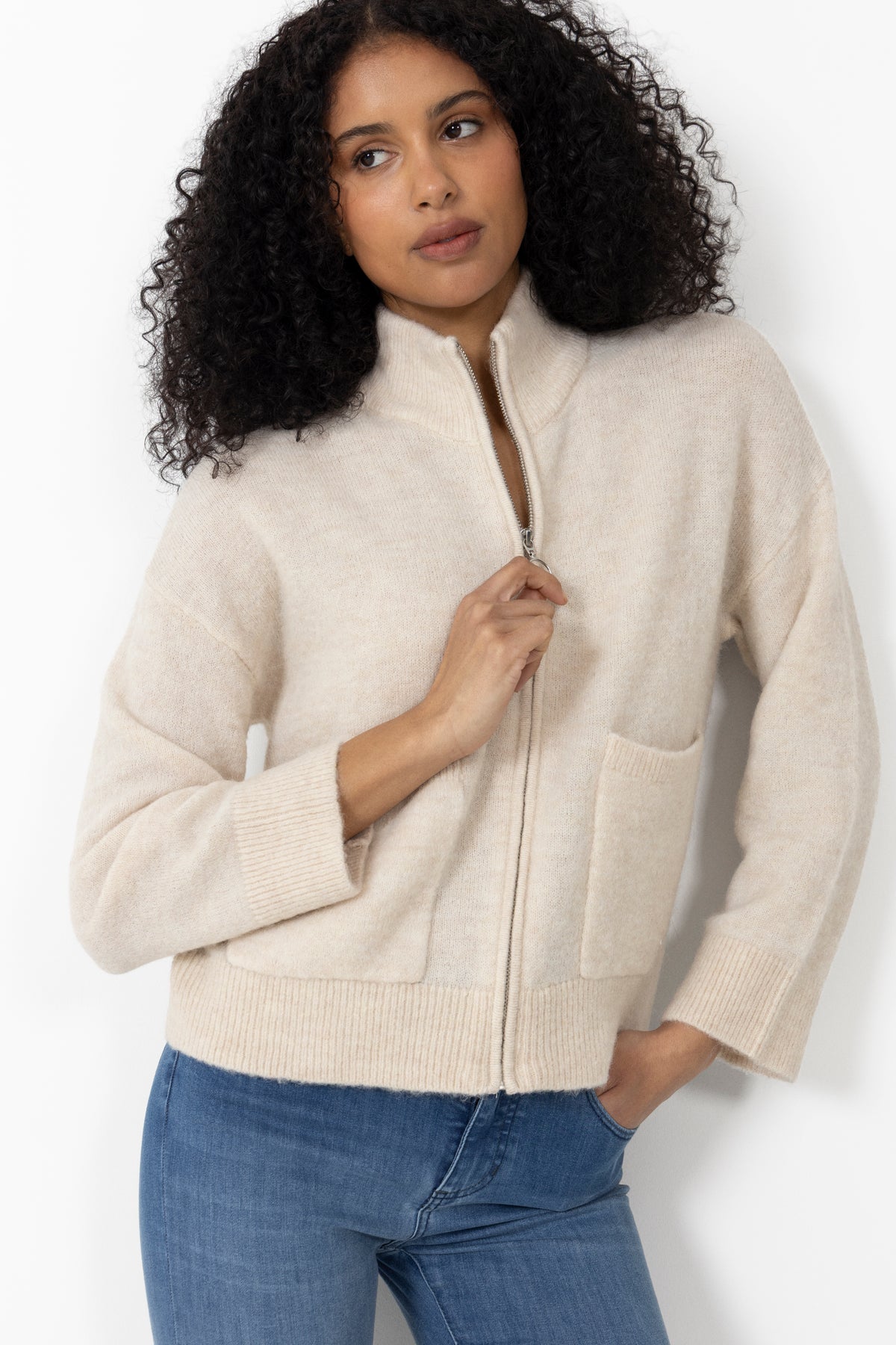 Sia Ras LS Knit Zipper Cardigan - Birch Melange