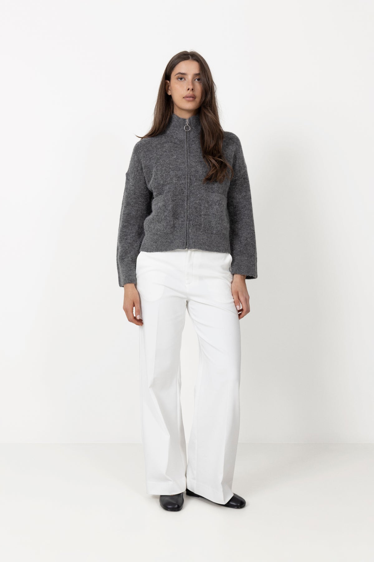 Sia Ras LS Knit Zipper Cardigan - Medium Grey Melange