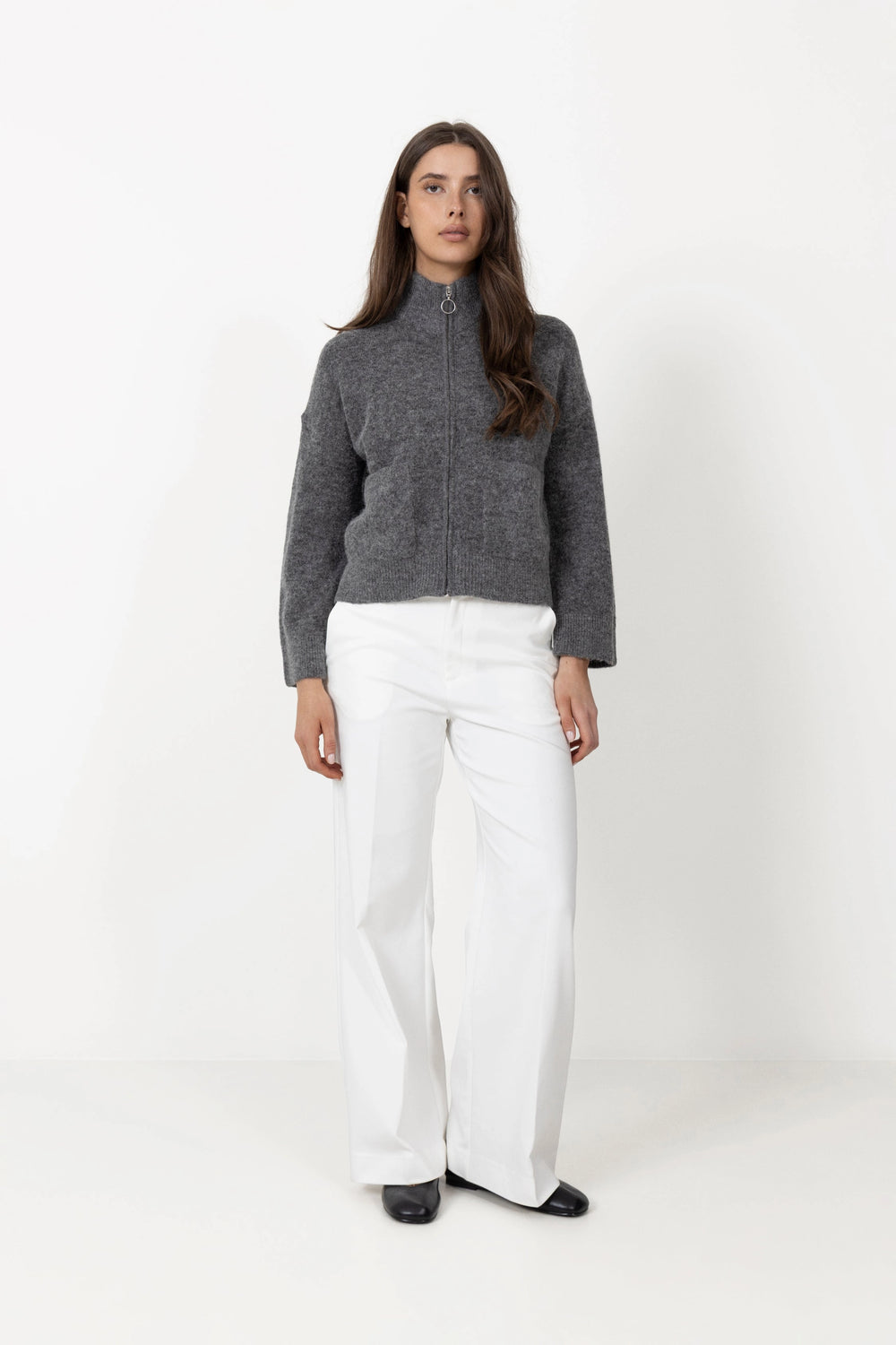 Sia Ras LS Knit Zipper Cardigan - Medium Grey Melange