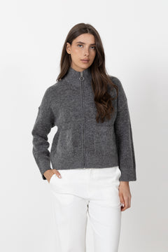 Sia Ras LS Knit Zipper Cardigan - Medium Grey Melange