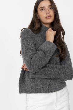 Sia Ras LS Knit Zipper Cardigan - Medium Grey Melange