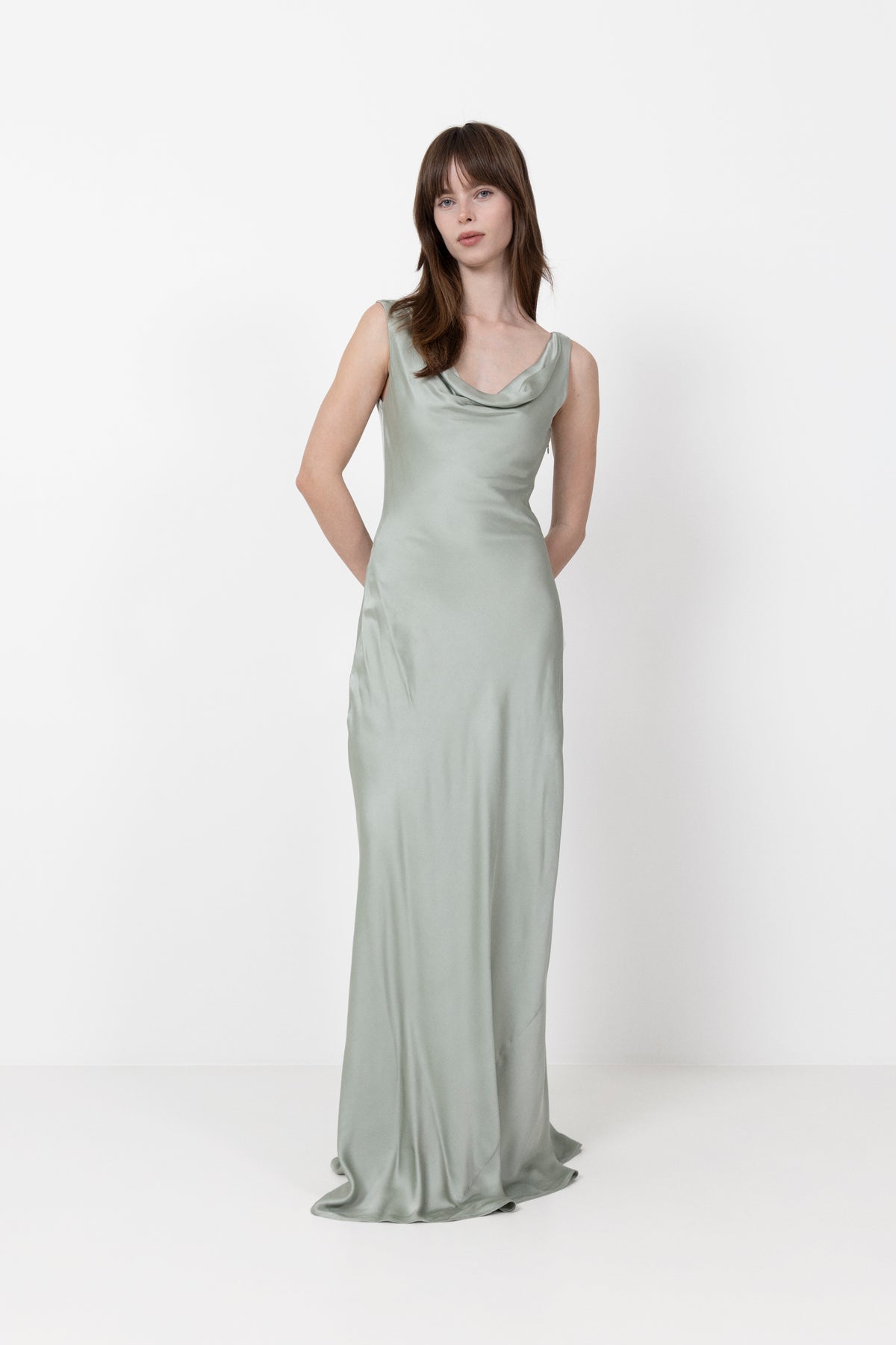 Leah Cowl Satin Maxi Dress - Sage