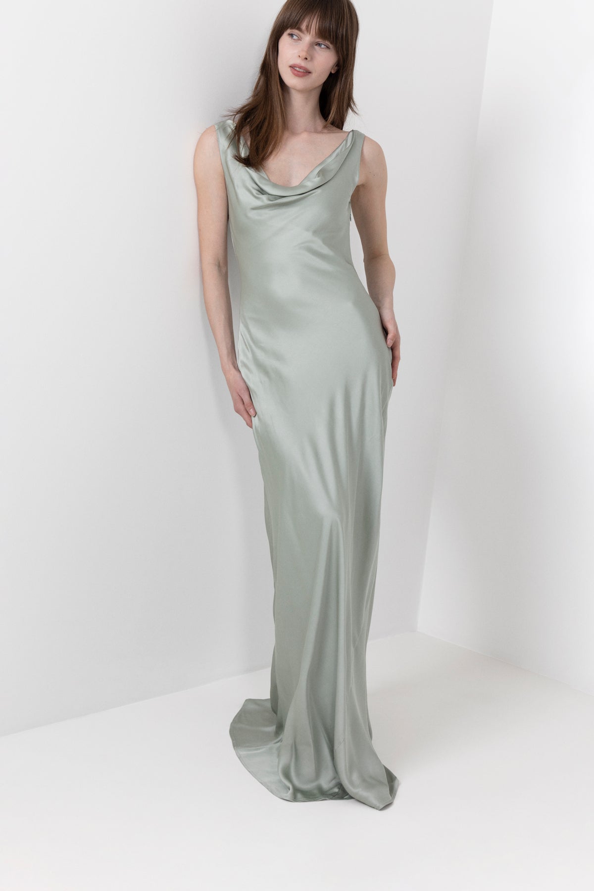 Leah Cowl Satin Maxi Dress - Sage