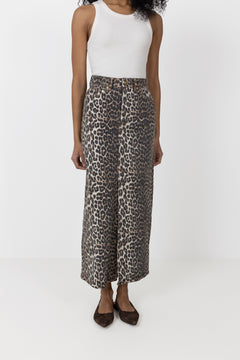 Print Denim Maxi Slit Skirt - Leopard