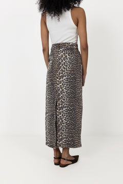 Print Denim Maxi Slit Skirt - Leopard