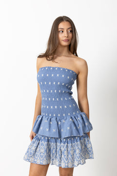 Kanutte Fine Emb Smock Dress - Blue/White