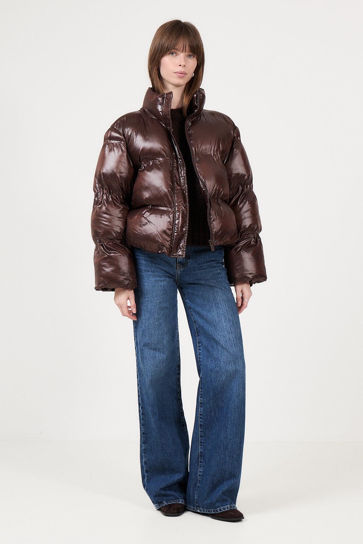 Rhea Shiny Puffer Jacket - Dark Brown