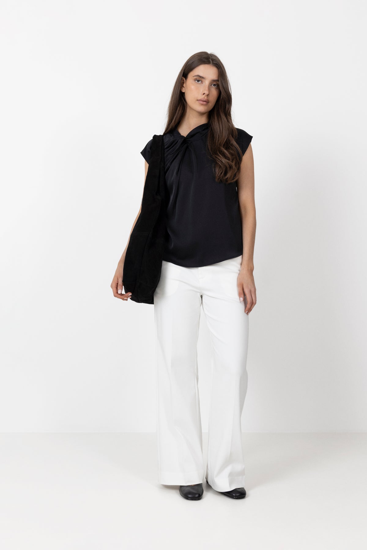 Fleur Drapy Satin Blouse - Black
