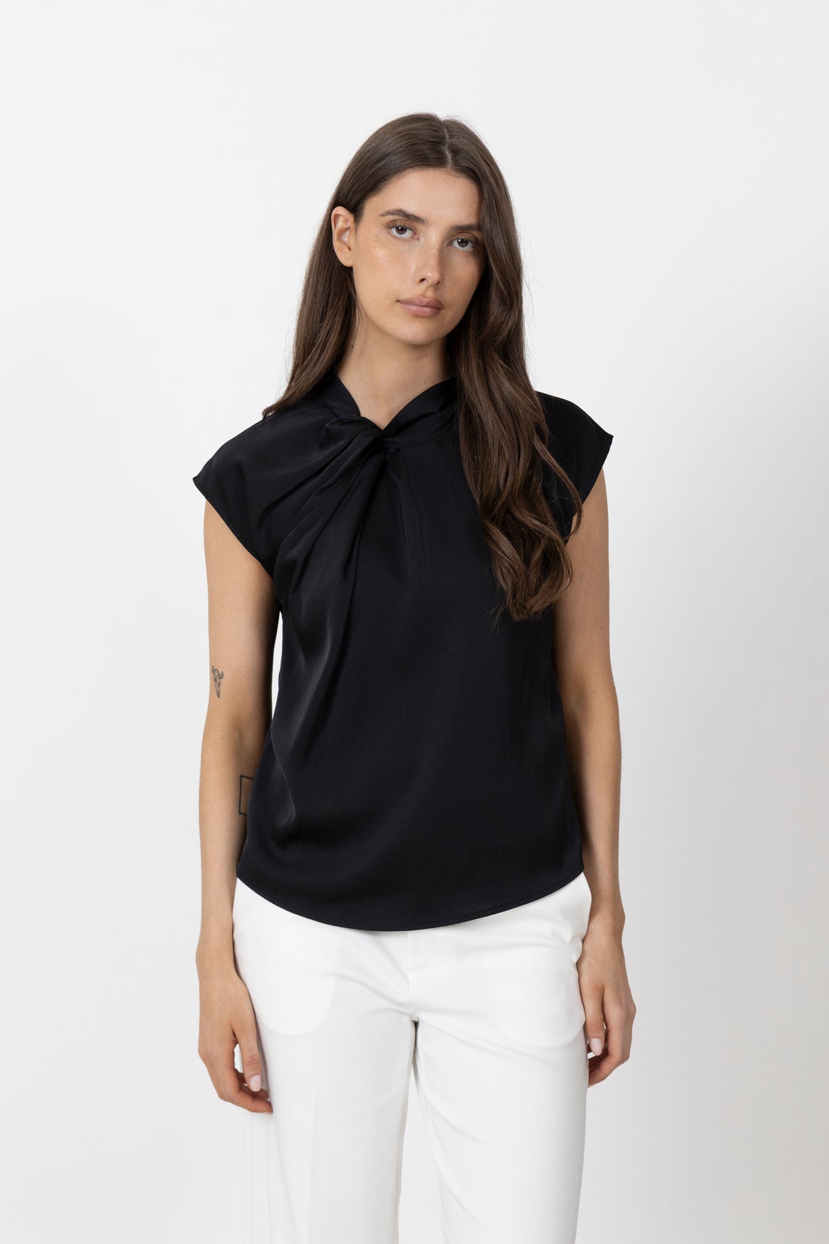 Fleur Drapy Satin Blouse - Black