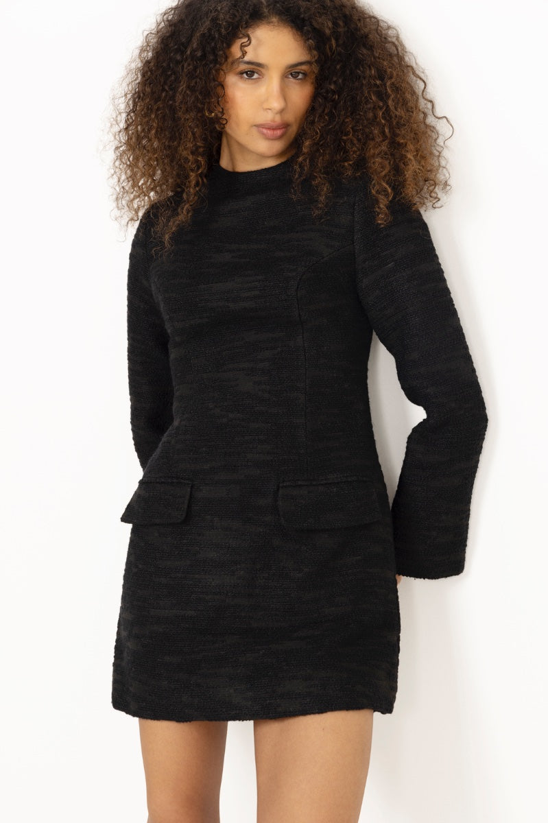 Leanna Boucle High Neck Mini Dress - Black