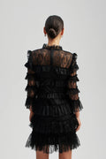 Carmine Frill Mini Lace Dress - Black