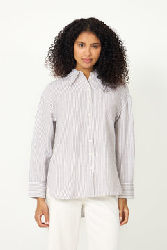 Cleo Oversize Linen Blend Shirt - Bright White Chocolate Chip