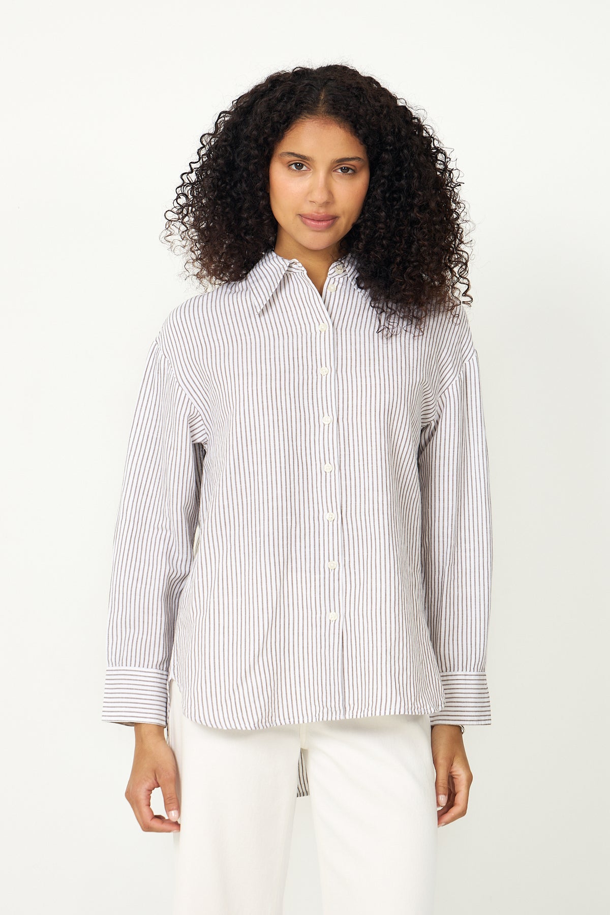 Cleo Oversize Linen Blend Shirt - Bright White Chocolate Chip