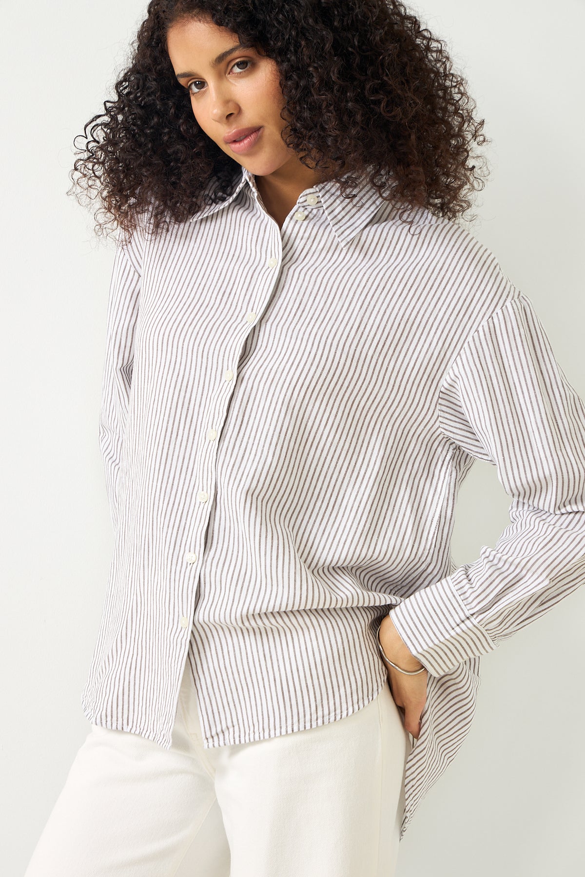 Cleo Oversize Linen Blend Shirt - Bright White Chocolate Chip