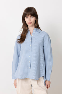 Cleo Oversize Linen Blend Shirt - Dusty Blue Bright White