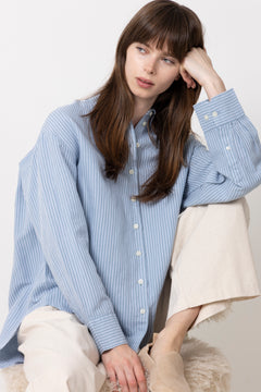 Cleo Oversize Linen Blend Shirt - Dusty Blue Bright White
