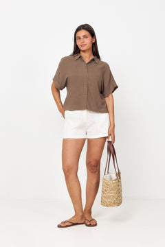 Viva Ss Cropped Sun Shirt - Chocolate Chip