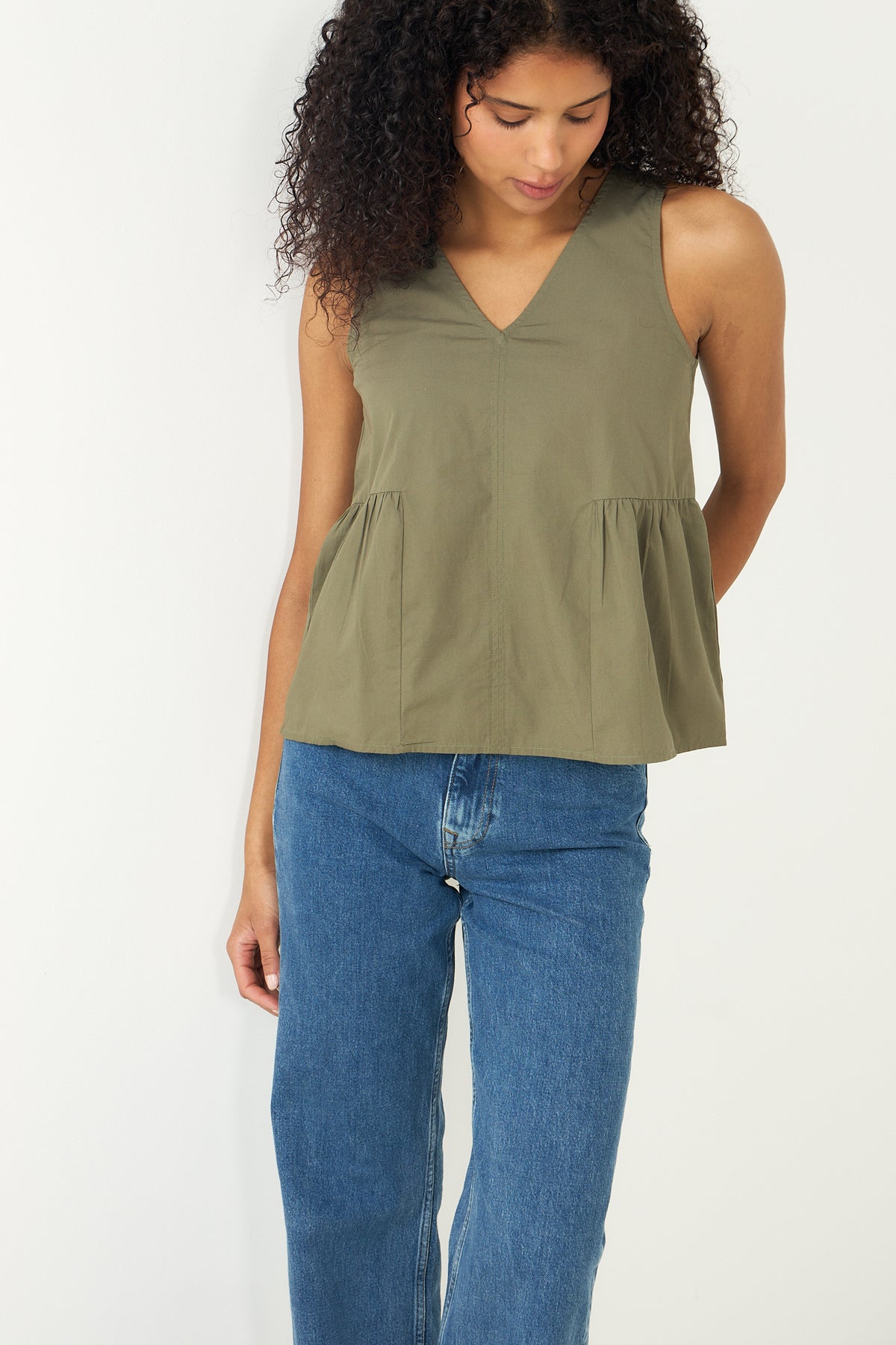 Blair Sl V-Neck Peplum Top - Deep Lichen Green