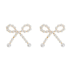 Juliette - Cute Pearl Bow Stud Earrings - Gold