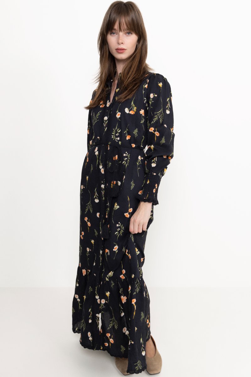 Yassomelli Ls Long Shirt Dress - Ex - Black Flower Print