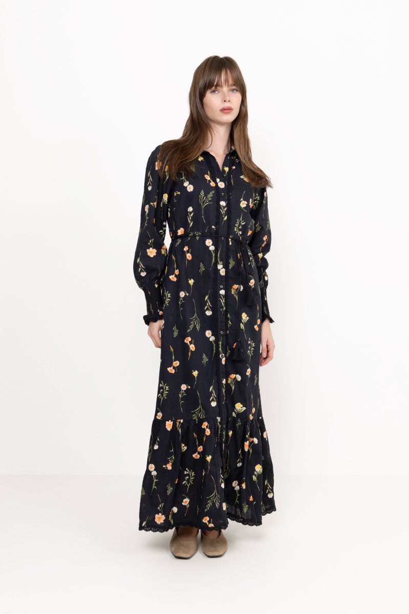 Yassomelli Ls Long Shirt Dress - Ex - Black Flower Print