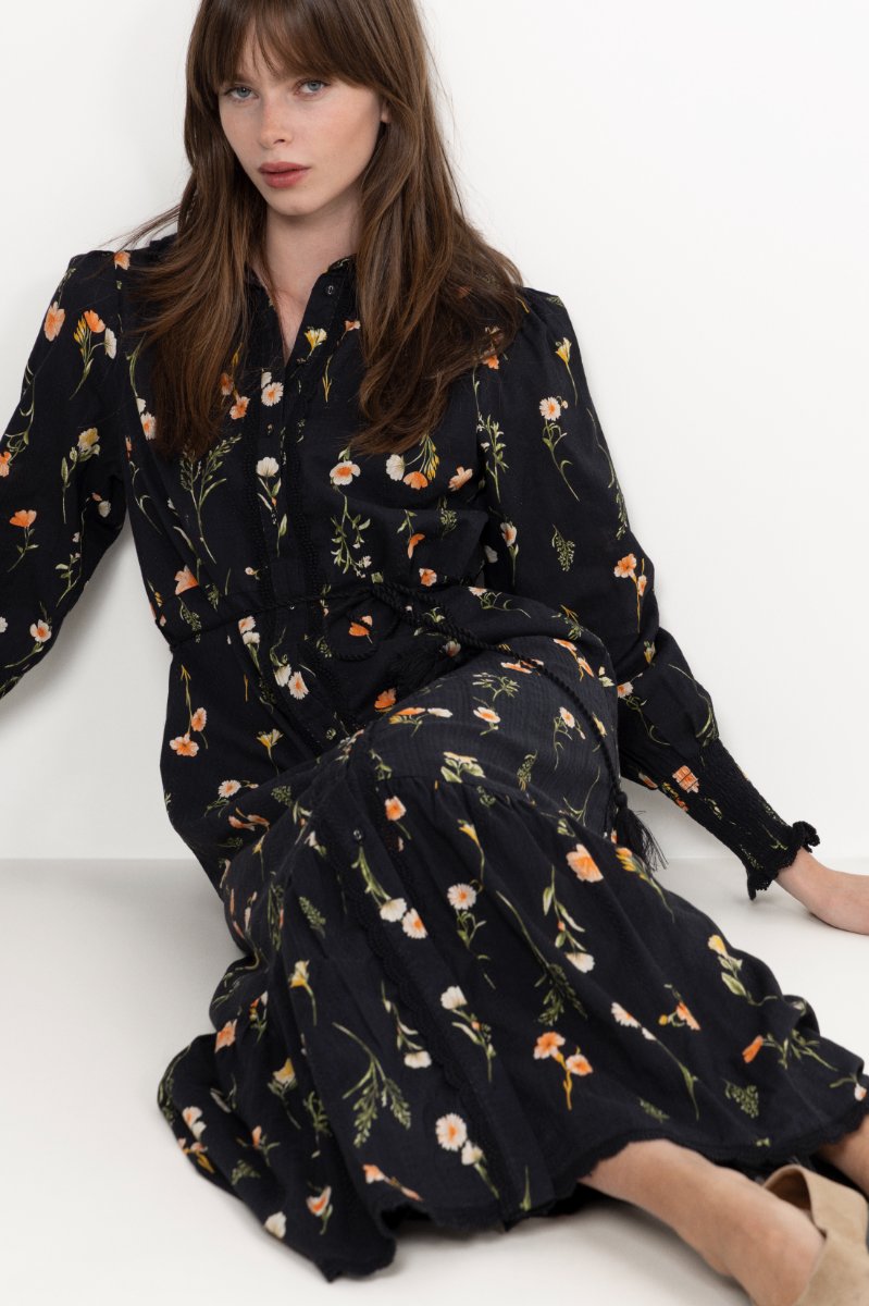 Yassomelli Ls Long Shirt Dress - Ex - Black Flower Print