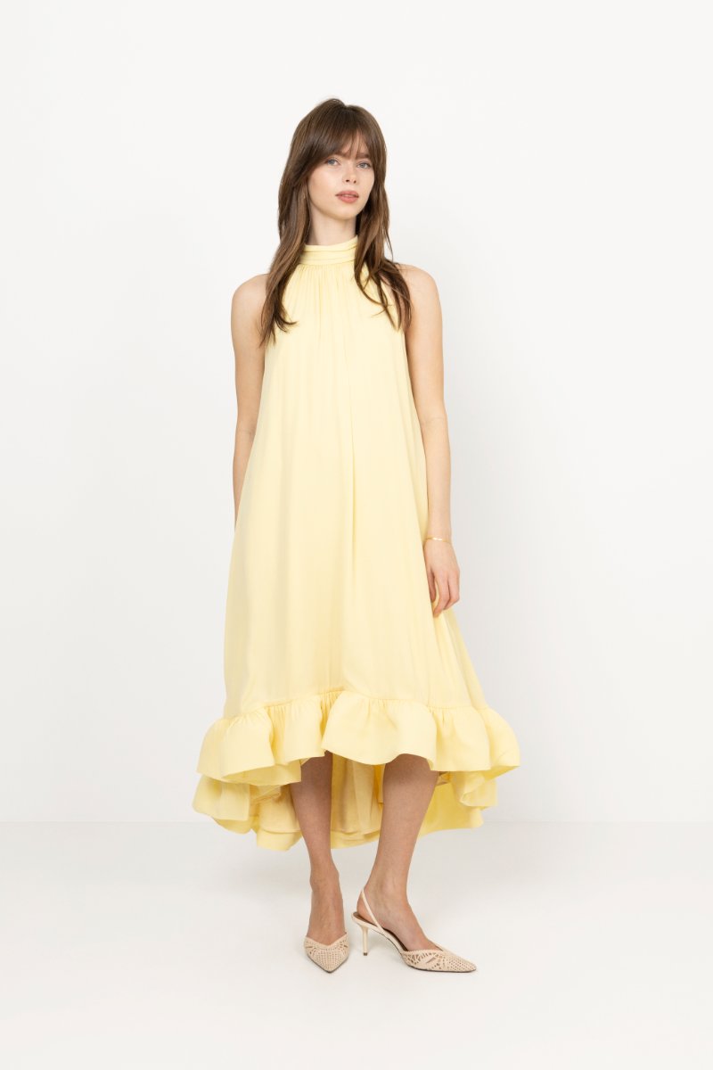 Sabrina Halterneck Ruffled Midi Dress - Light Lemon
