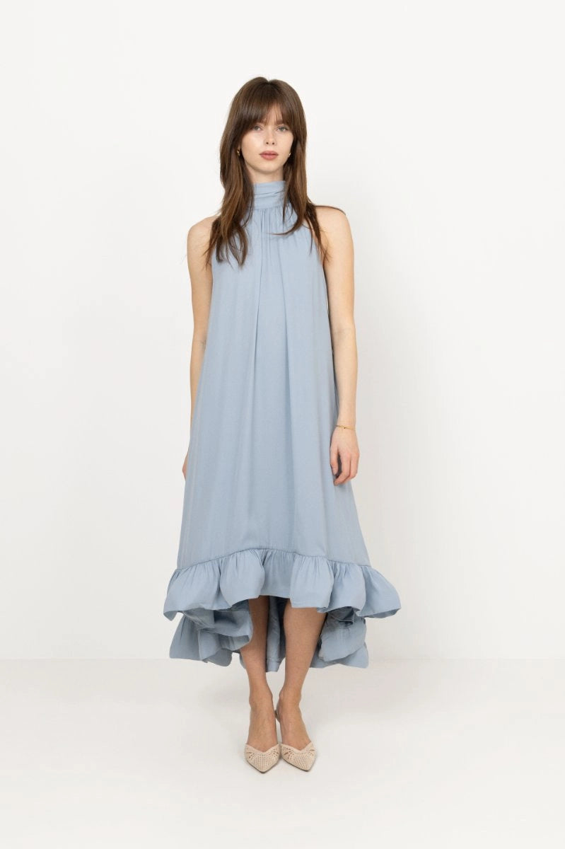 Sabrina Halterneck Ruffled Midi Dress - Sky