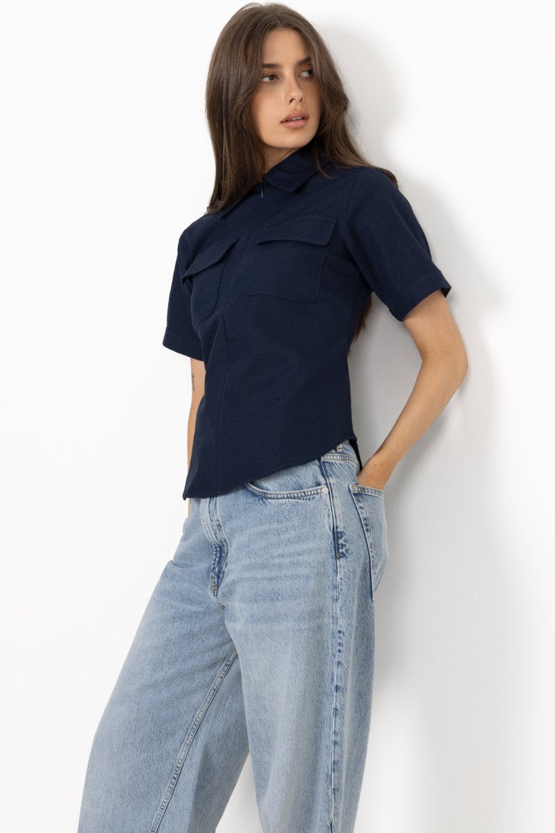 Tora Slim Ss Zip Shirt B - Dark Sapphire