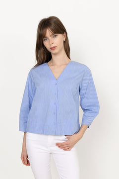 Bea 3/4 V Neck Shirt B - Dusty Blue Stripe