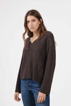 Cathrine Cashmere Cable Knit Sweater - Dark Brown
