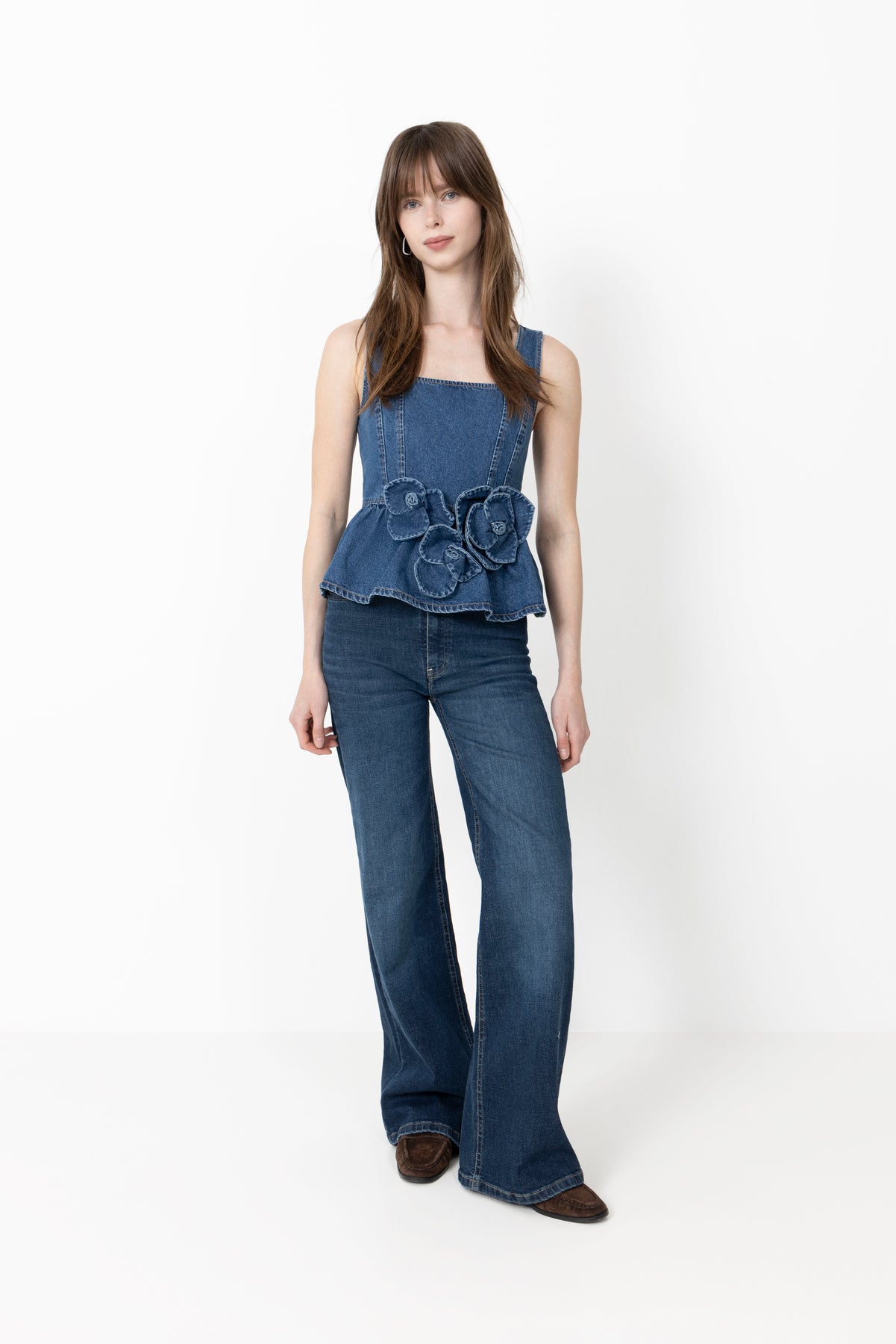 Yaselsie Sl Peplum Denim Top - Medium Blue Denim W. Tabacco Stitches
