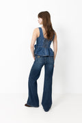 Yaselsie Sl Peplum Denim Top - Medium Blue Denim W. Tabacco Stitches
