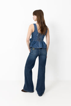 Yaselsie Sl Peplum Denim Top - Medium Blue Denim W. Tabacco Stitches